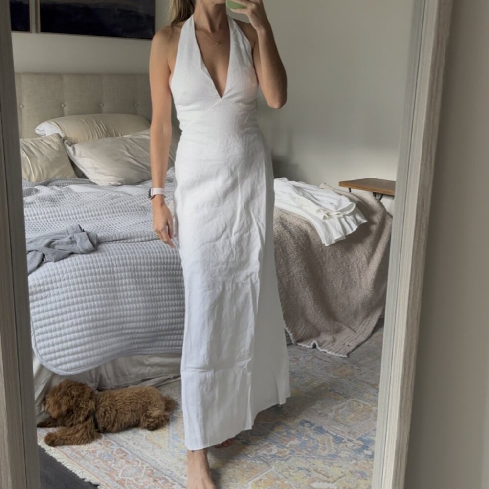 BEST Reformation Delilah Linen Maxi Dress Sz0/2 White Vacation Halter Wedding - Picture 12 of 15
